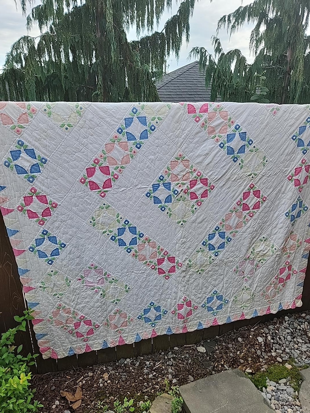 Vintage Handmade Cotton Patchwork Quilt in Pink, Blue & Green 79x78